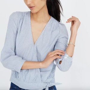 Madewell Blue and White Cotton Tie Wrap Blouse